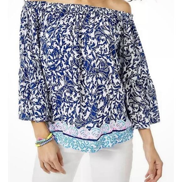 LILLY PULITZER NEVIE OFF-THE-SHOULDER TOP *KRILLIN IT* OYSTER BAY BLUE WHITE - Picture 1 of 9